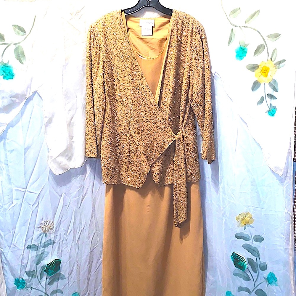 CHADWICK'S 2-PC RHINESTONES/SEQUIN TAN GOWN SZ 14